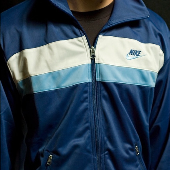 Nike Blue and White Track Jacket with Retro Stripes